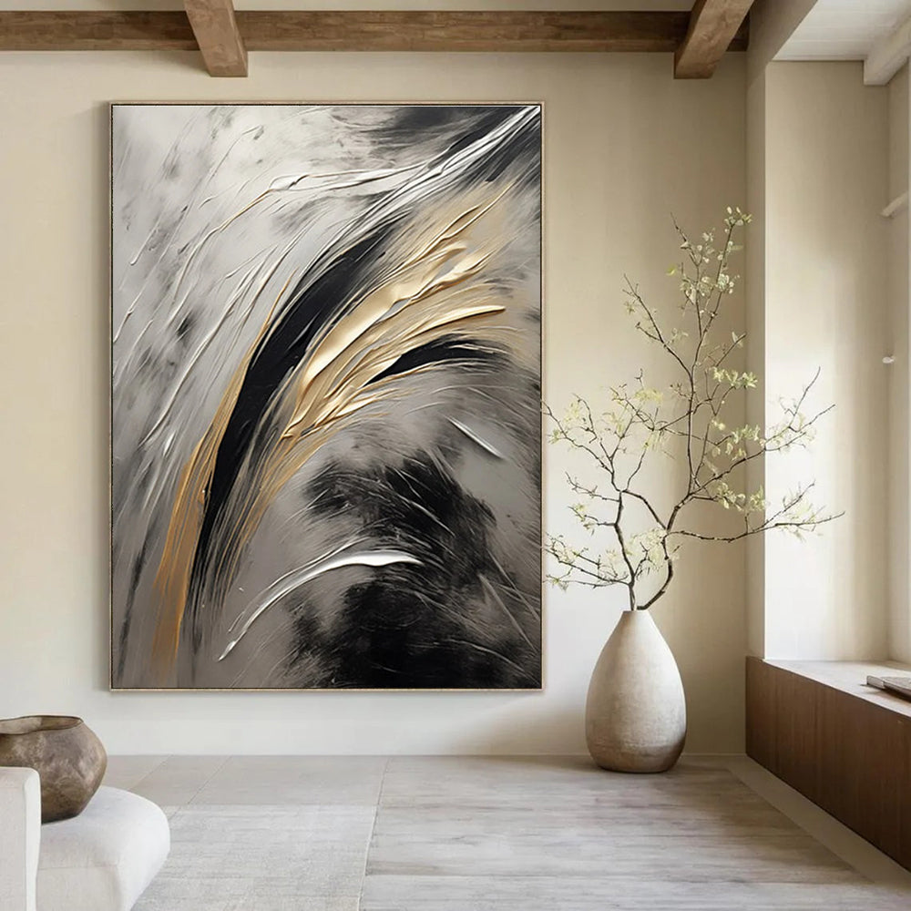 Silver - Gold - Black Abstract Painting for Luxury Home Interiors HENG126