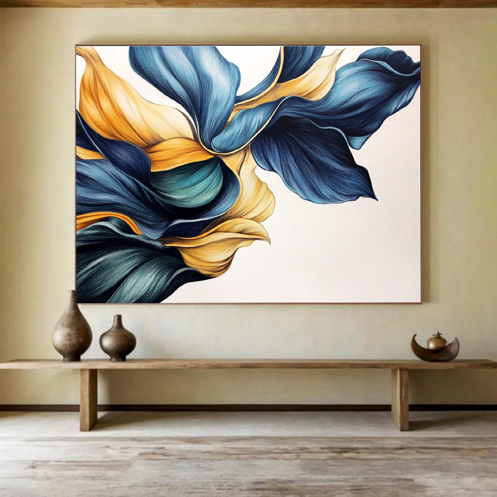 Blue and Gold Floral Shapes Abstract Painting with Elegant Fluidity ABS579