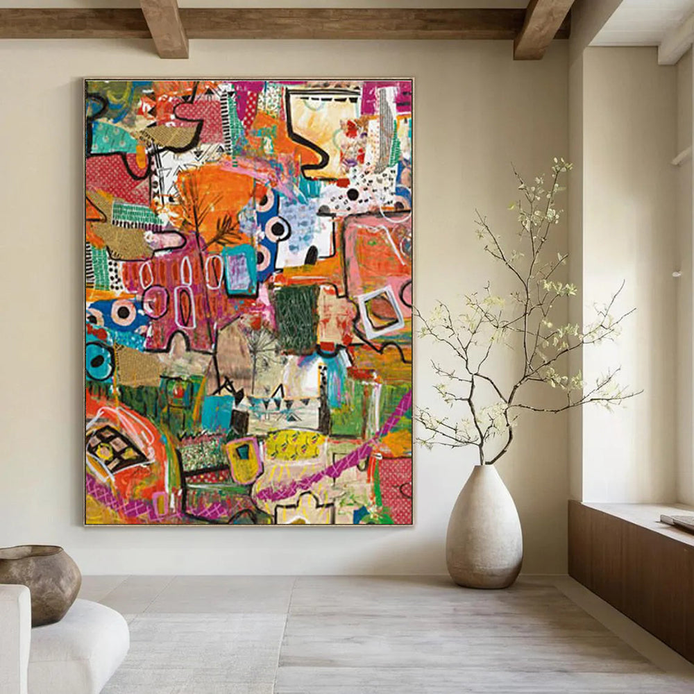 Eclectic Mixed - Media Abstract Collage Painting for Bohemian Spaces HENG293