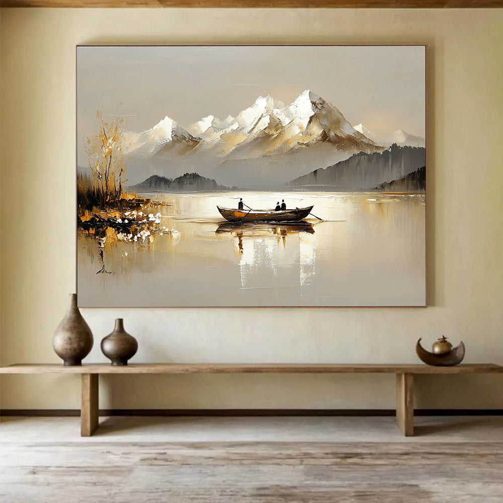 Boat on Lake with Snowy Mountains Abstract Painting with Serene Beauty ABS605