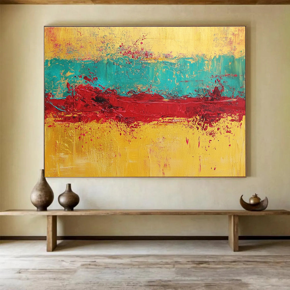 Yellow, Blue, and Red Abstract Painting with Textured Layers ABS428