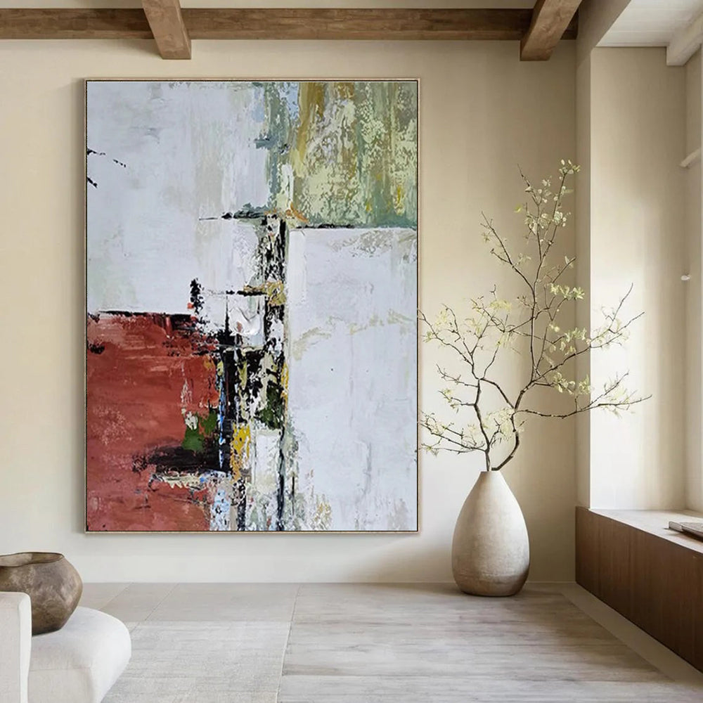 Red and White Abstract Layers Abstract Painting for Modern Art Museum Installations HENG039