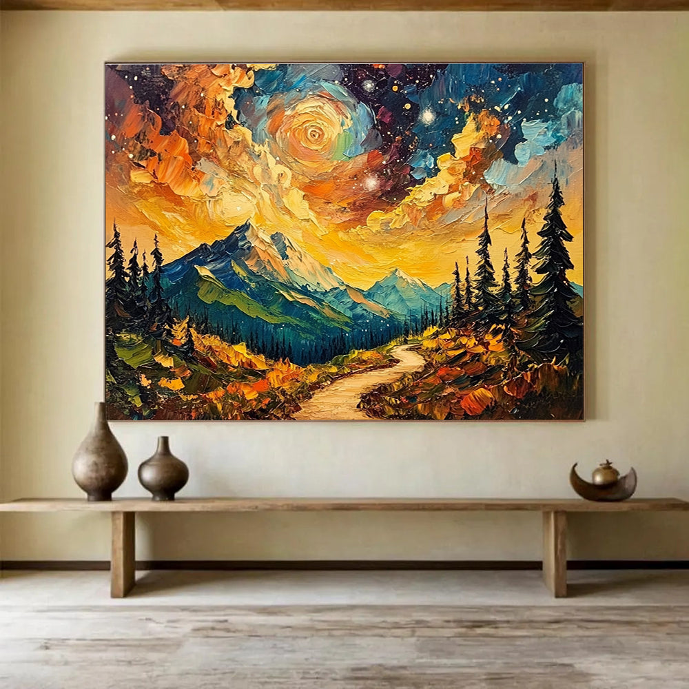 Mountain Path Under Starry Sky: Dreamy Wilderness Adventure Abstract Painting ABS155