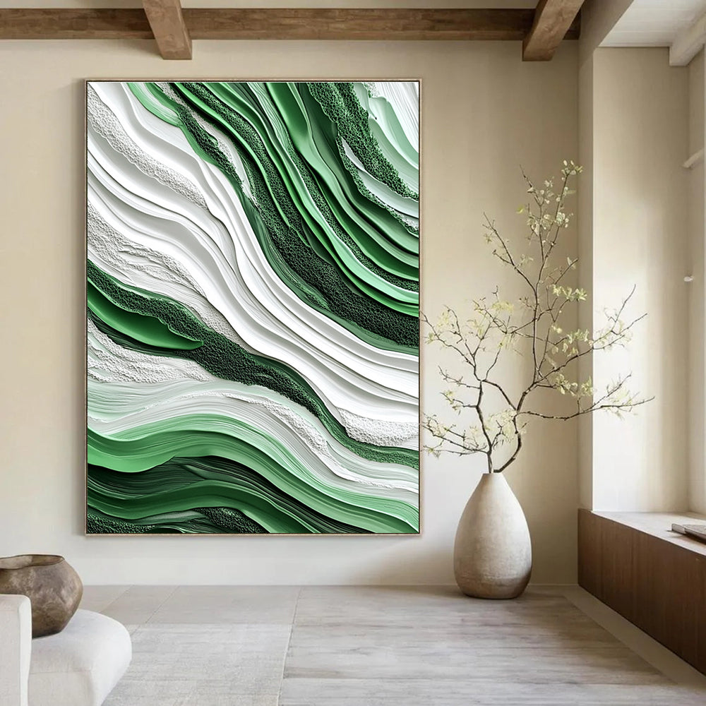 Green and White Wave - Shaped Abstract Painting for Nature - Lover’s Bedrooms GAB0921