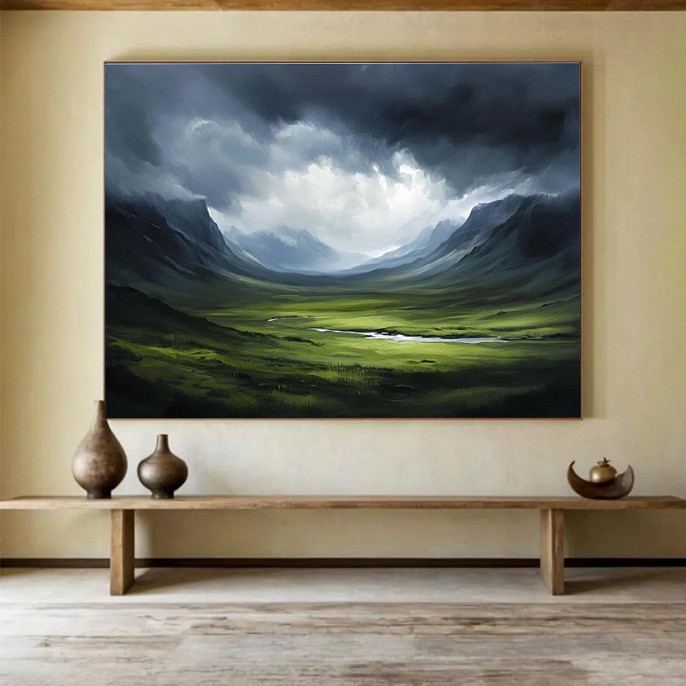 Dark Valley with Stormy Sky Abstract Painting with Dramatic Nature ABS604