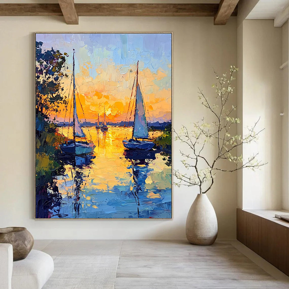 Sailboats at Sunset Impressionistic Abstract Painting for Coastal Homes GAB1438