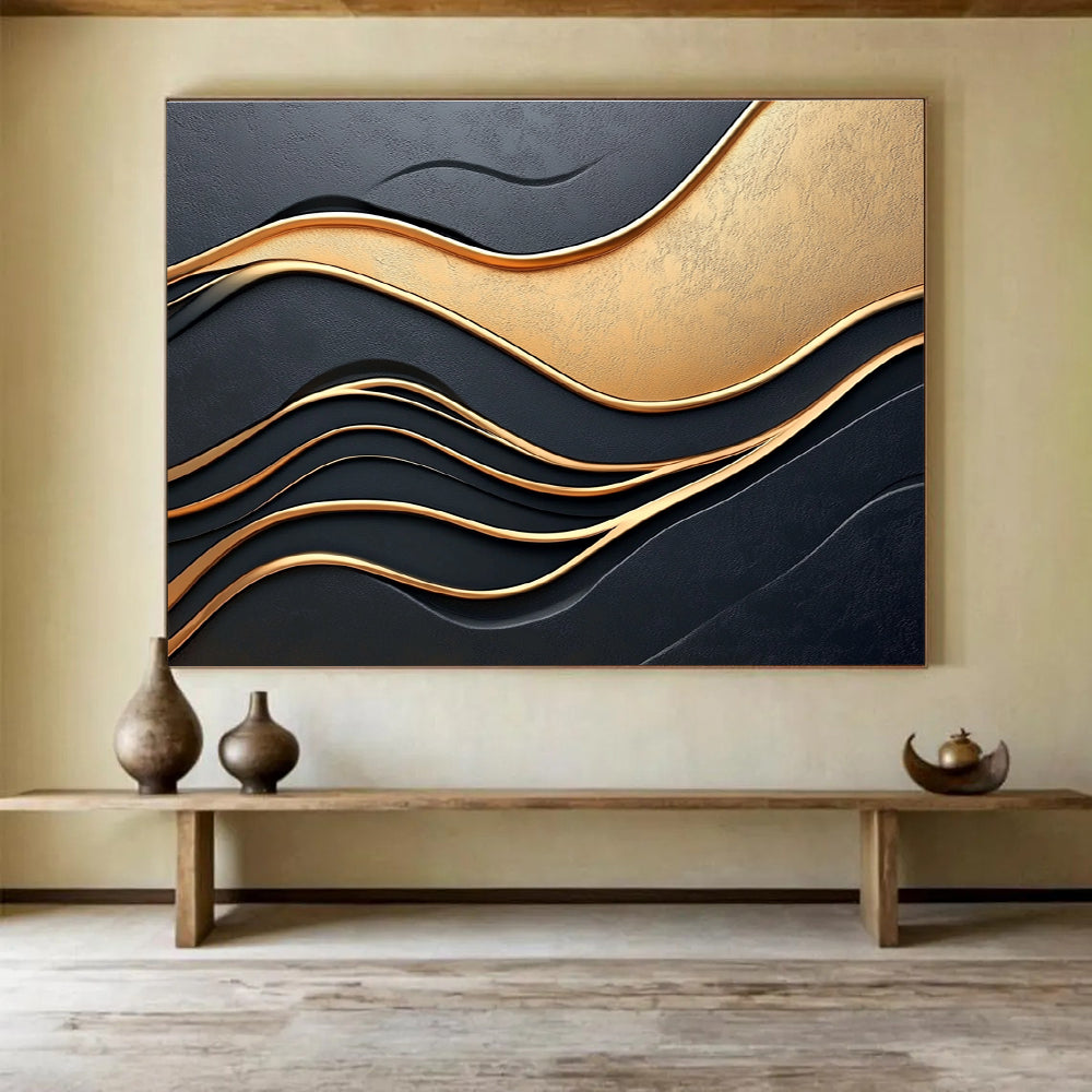 Black and Gold Waves: Luxurious Rhythms in 3D Abstract Painting ABS166