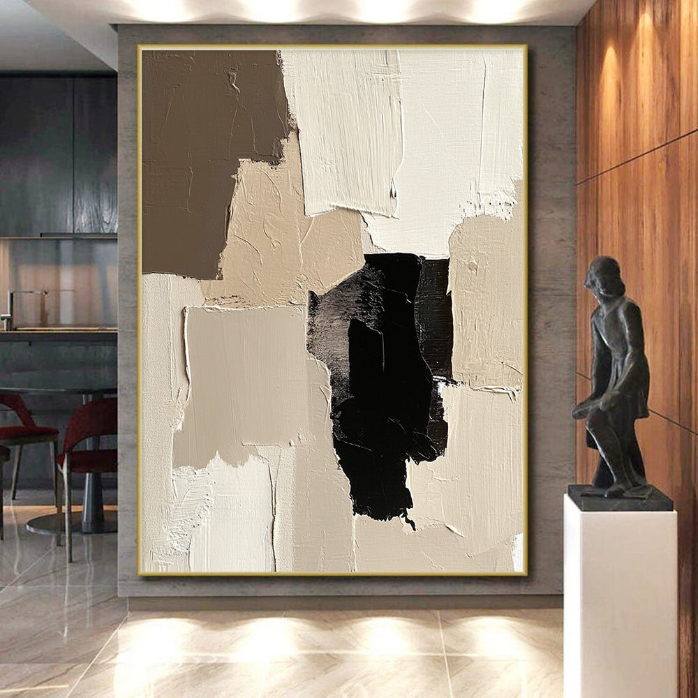 Beige Black Abstract Blocks Painting with Minimalist Depth WINK452