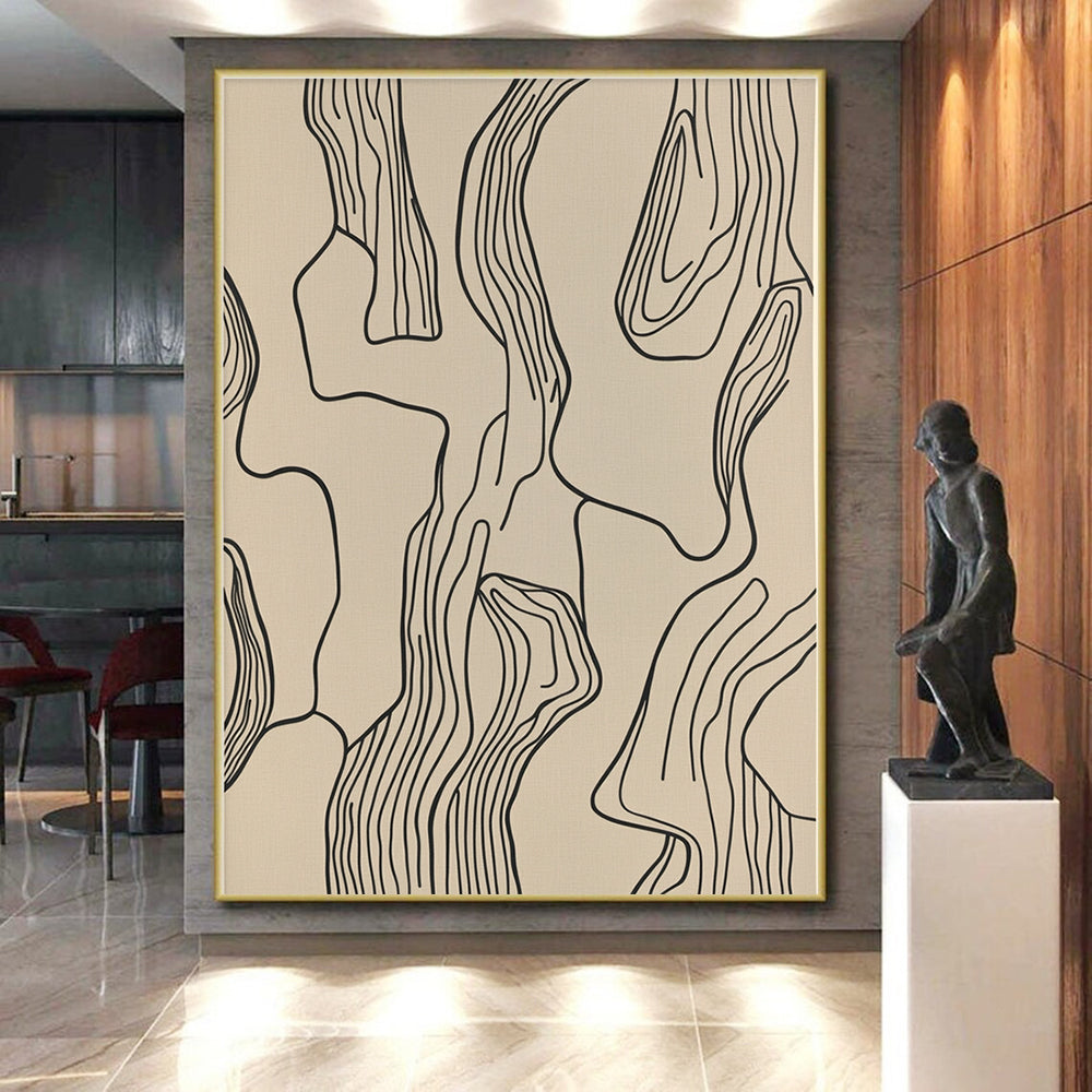 Black Line Abstract on Beige Abstract Painting with Minimalist Grace WINK268