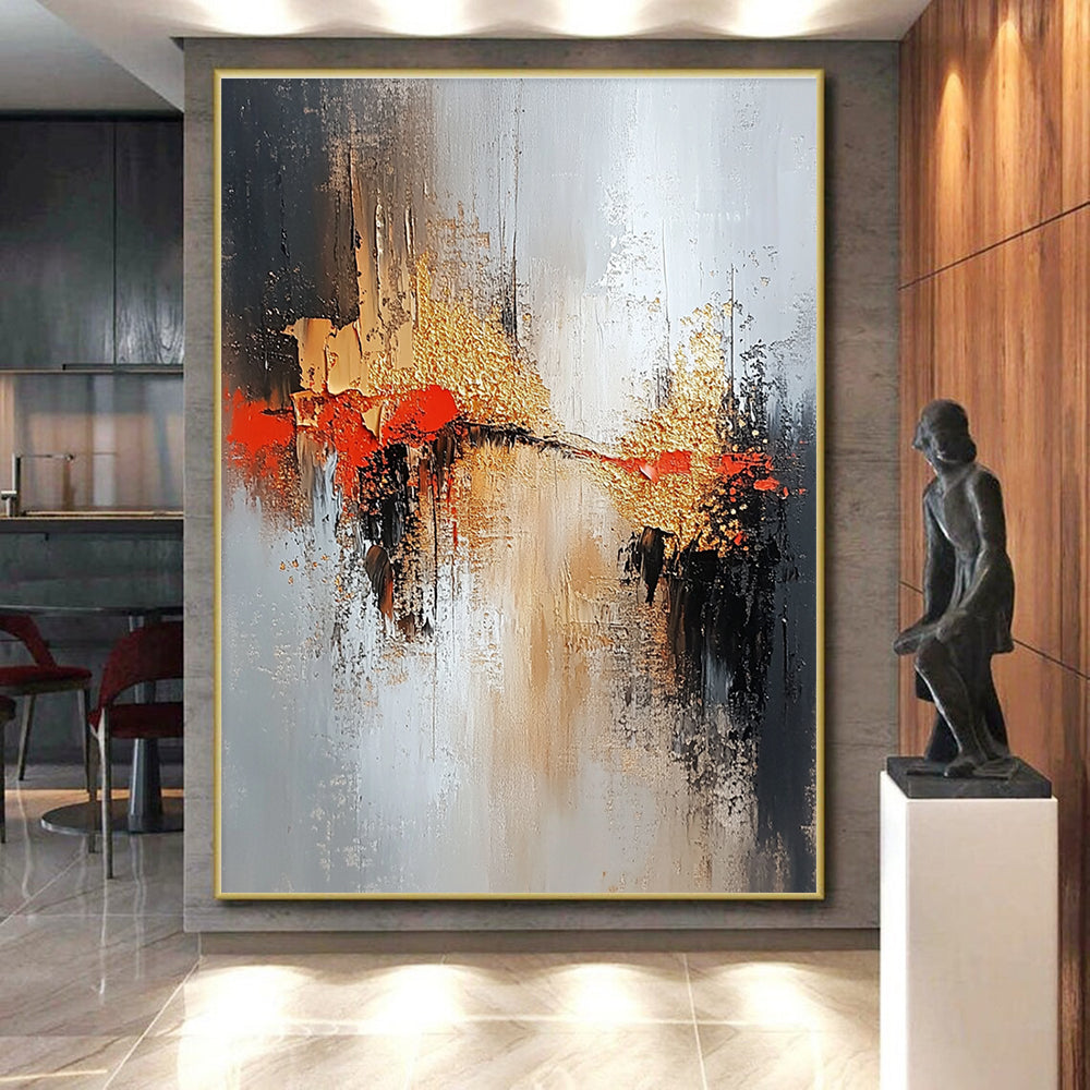 Gray Gold Red Abstract Painting with Dramatic Contrast WINK556