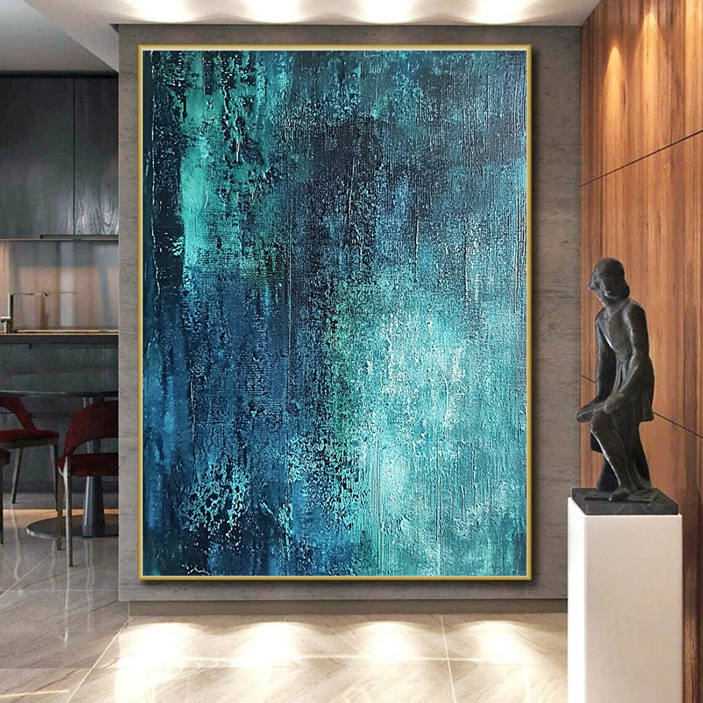 Deep Teal Textured Abstract Painting with Mysterious Depths WINK600