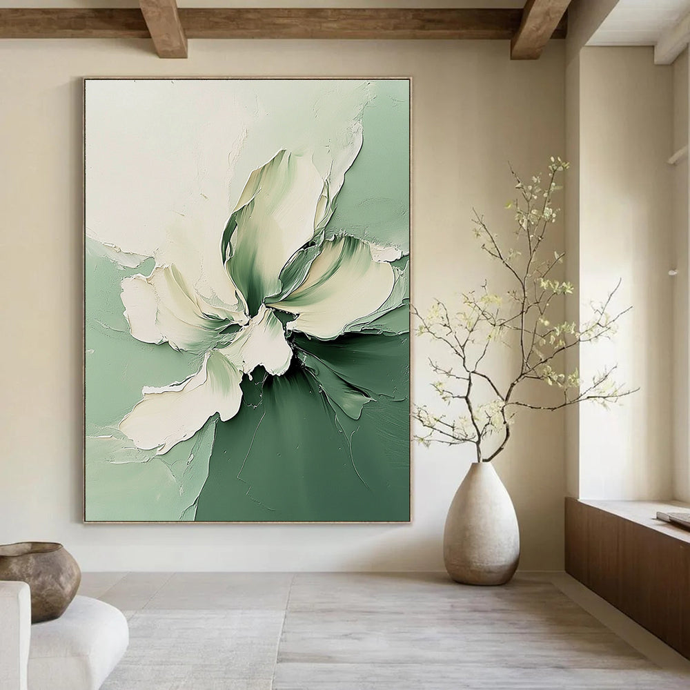 Green and White Flower Abstract Painting for Fresh Interiors GAB0709
