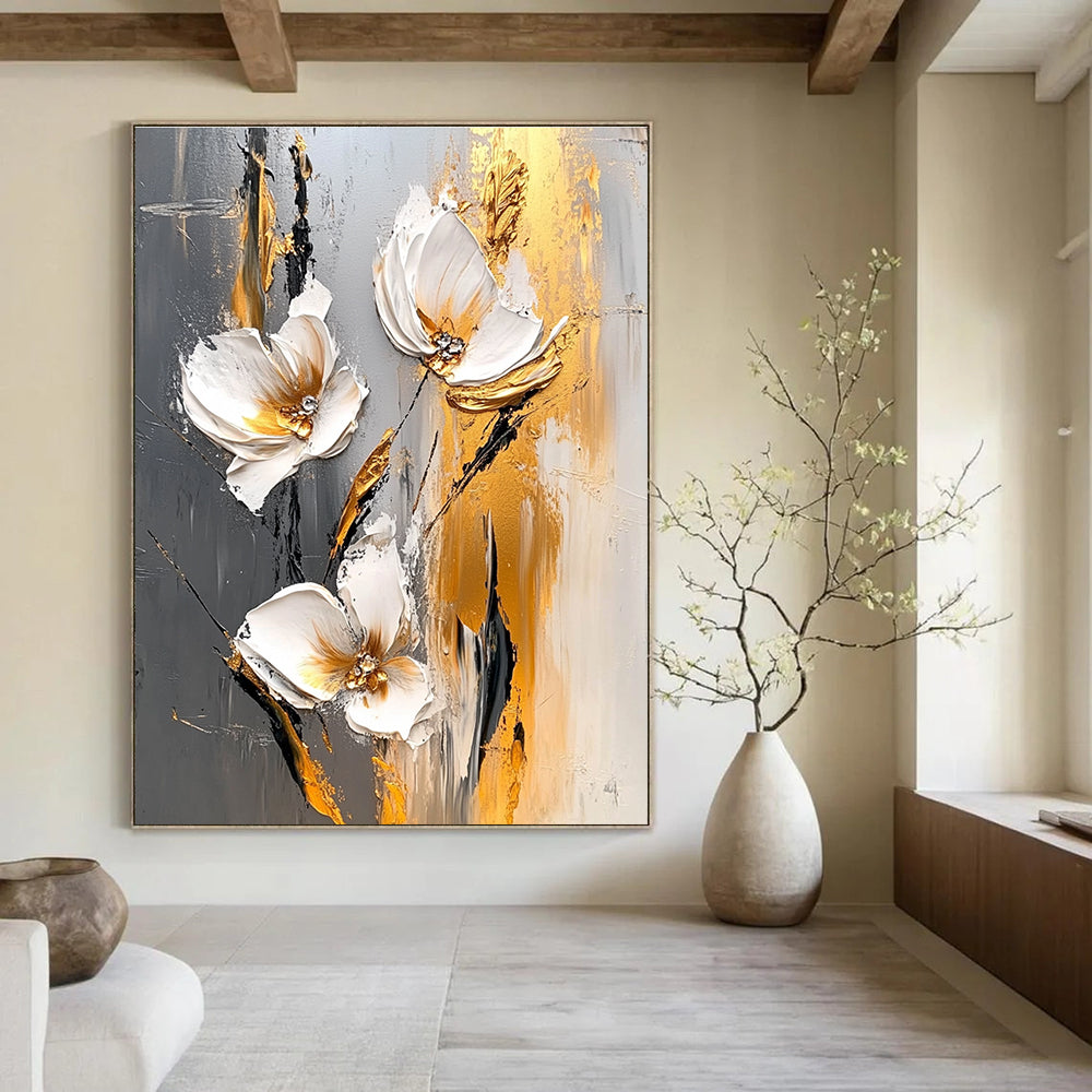 3D Gold Accent Flowers Abstract Painting for Glamorous Dining GAB0765