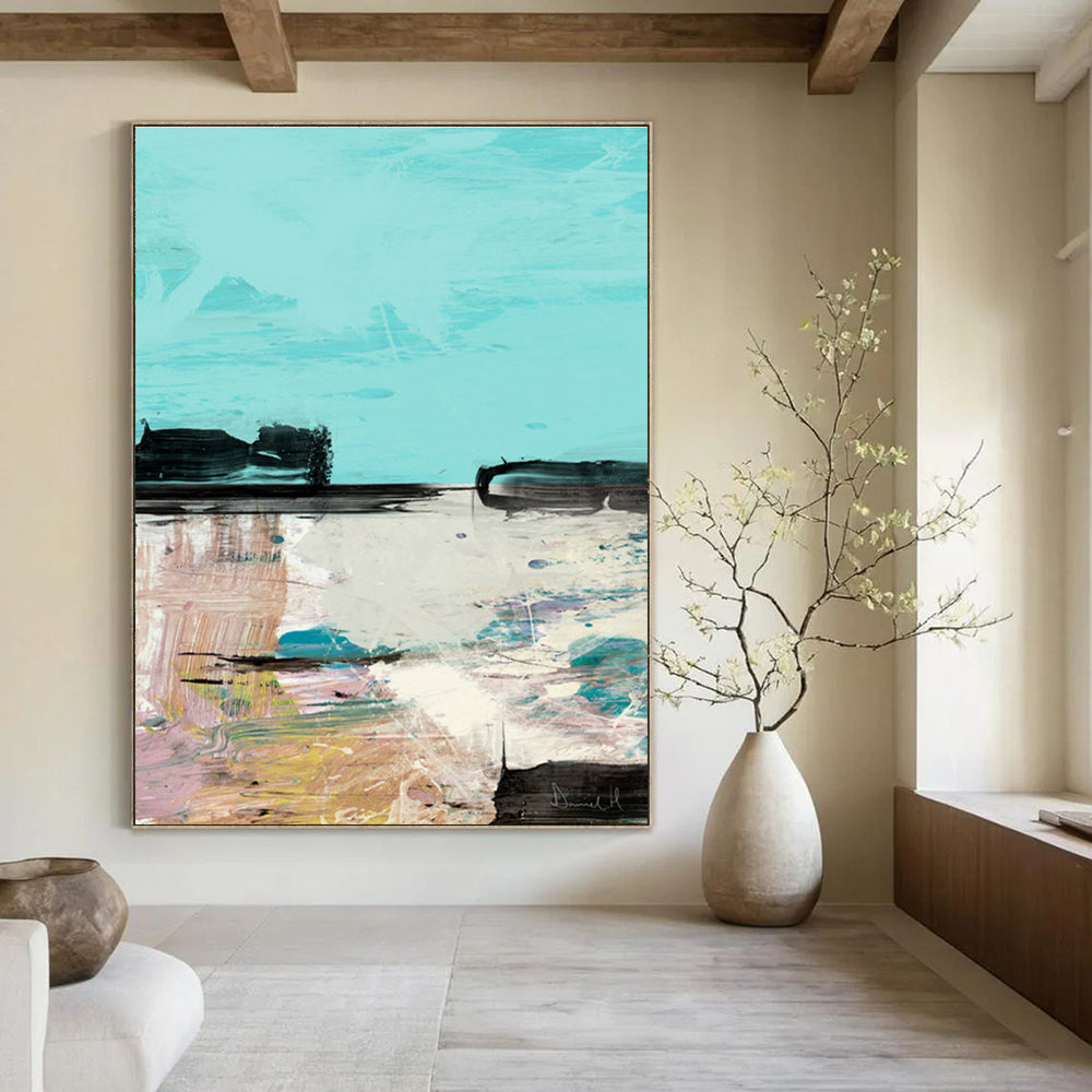 Turquoise - Toned Landscape Abstract Painting for Coastal - Inspired Cafés HENG197