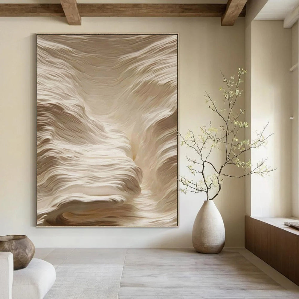 Textured Beige Waves Abstract Painting for Spa Reception Areas HENG023