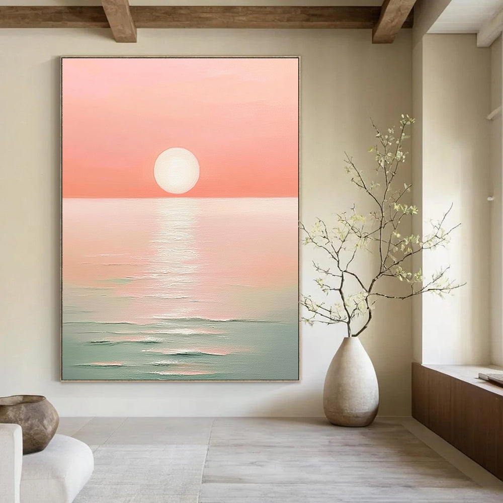 Pink Sunset Over Sea I Minimalist Abstract Painting for Serene Bedrooms GAB1467