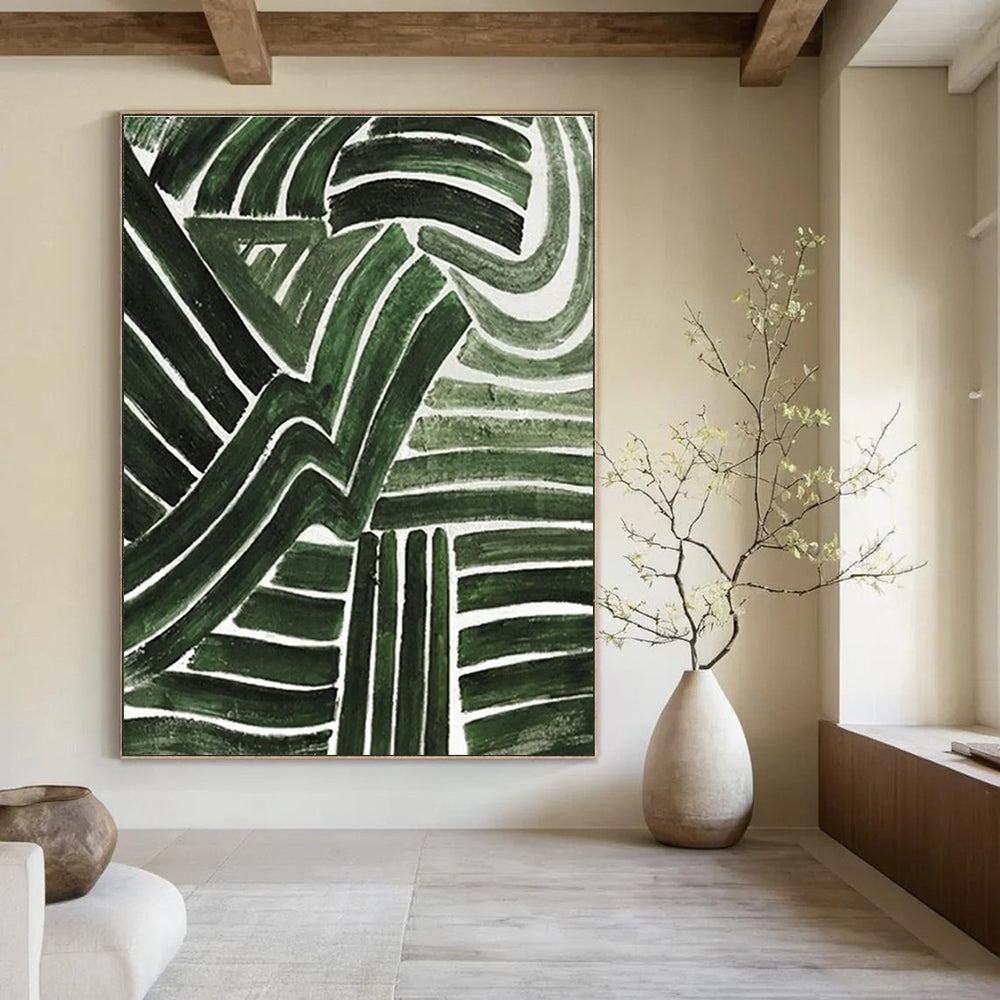 Green Curved Lines Abstract Painting for Nature - Inspired Cafes HENG492