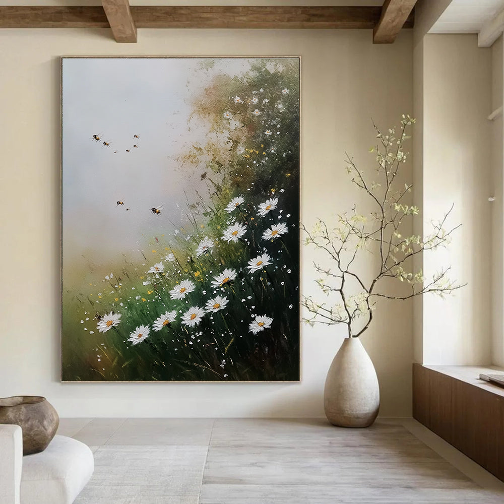 Daisies and Bees Charming Floral Abstract Painting GAB0336