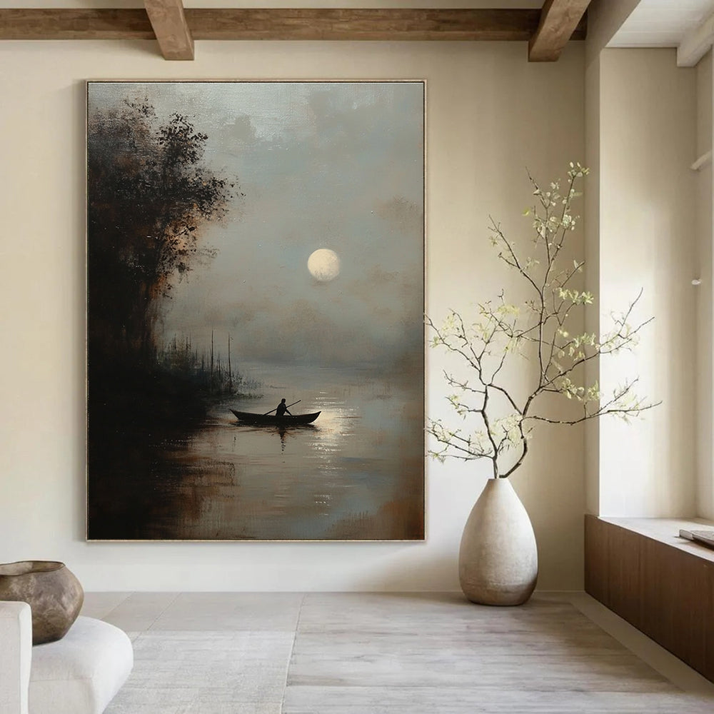 Moonlit Boat Atmospheric Abstract Painting for Rustic - Themed Inns GAB1338