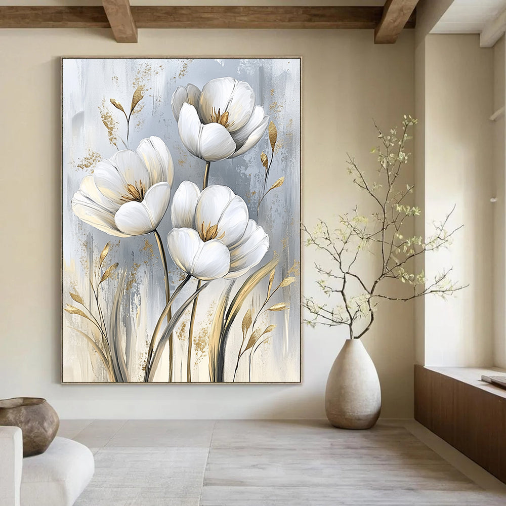 White Tulips with Gold Chic Abstract Painting for Modern Living GAB1526
