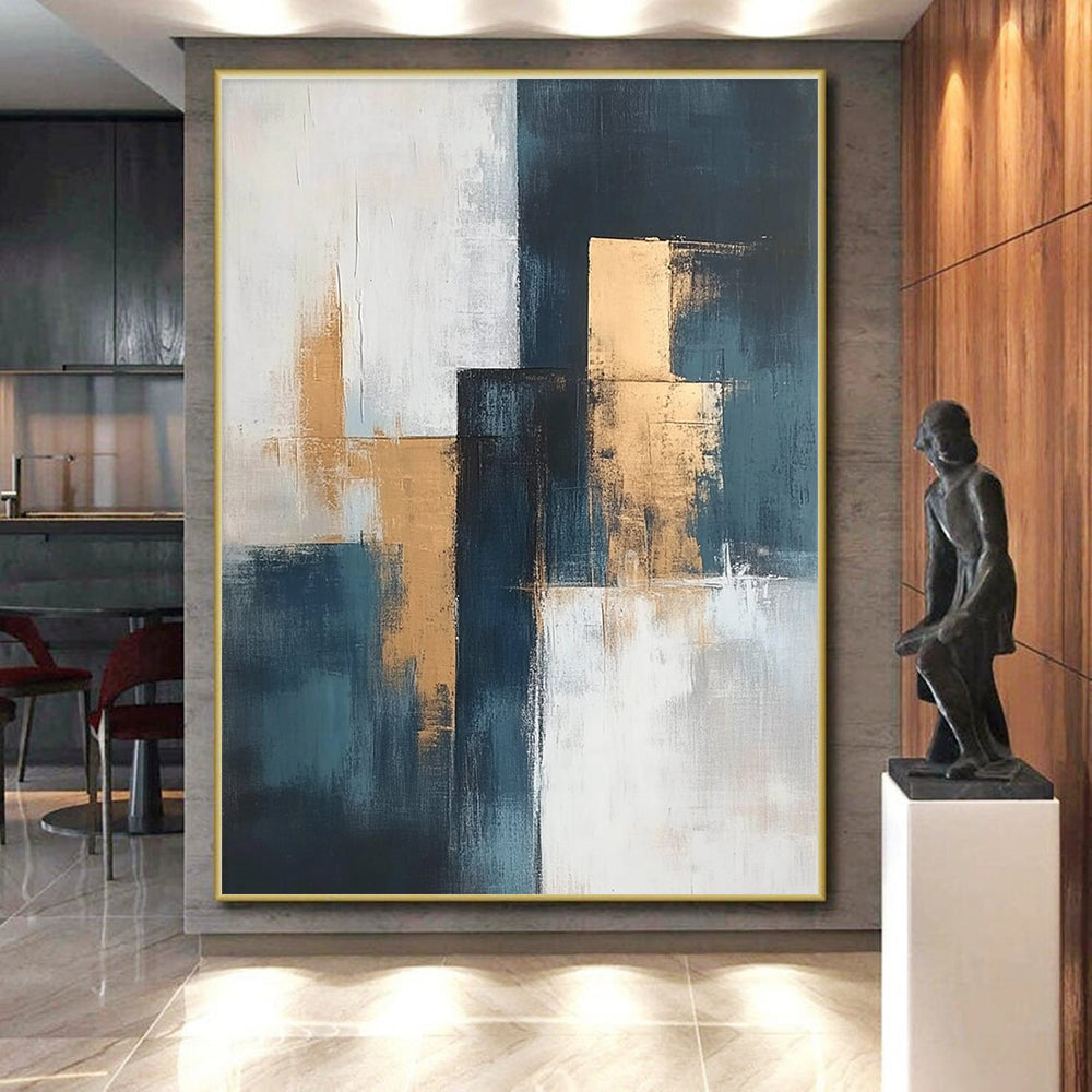 Blue - Gold - White Abstract Blocks Painting with Structured Sophistication WINK374