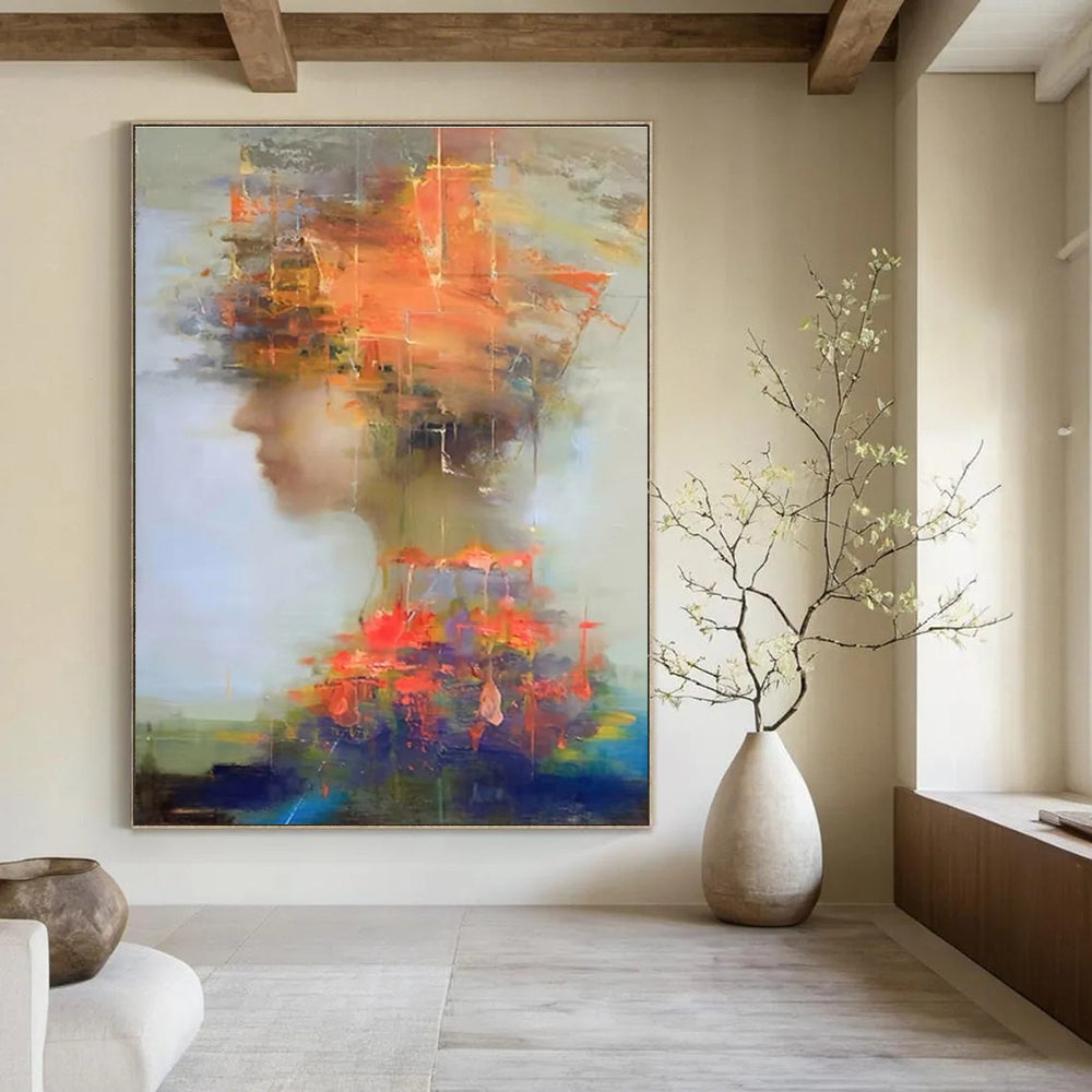 Abstract Figure with Colorful Overlays Painting for Expressive Interiors HENG318