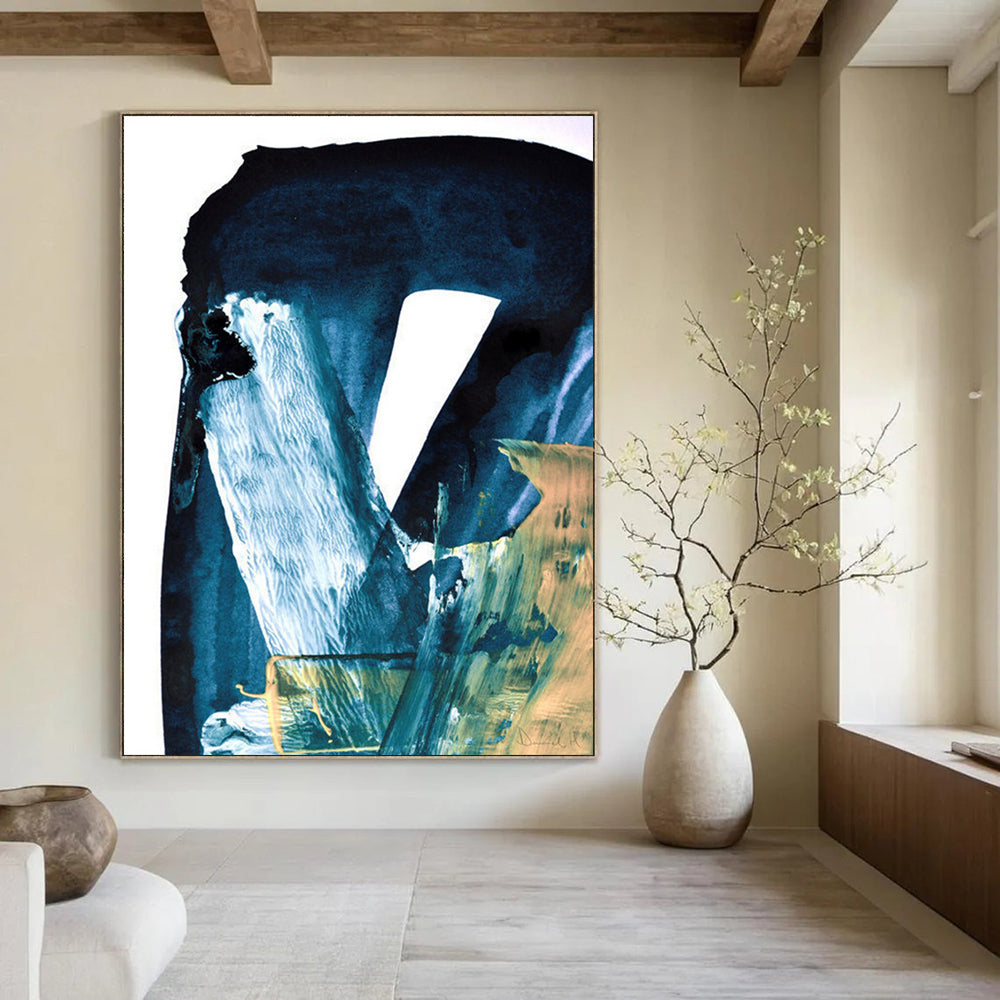 Blue - Toned Abstract with Gold Accents Painting for Luxury Home Entrances HENG190