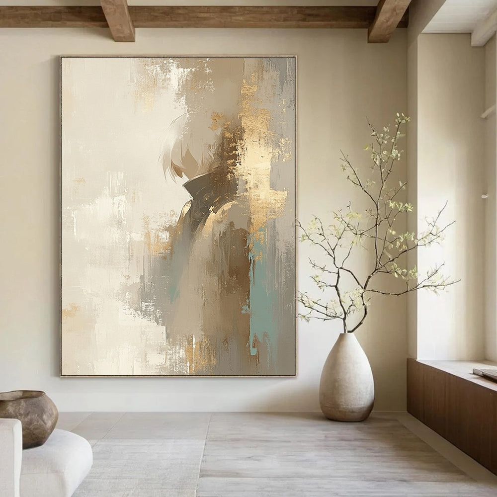 Figure in Neutral Tones Abstract Painting with Gold Accents GAB0690