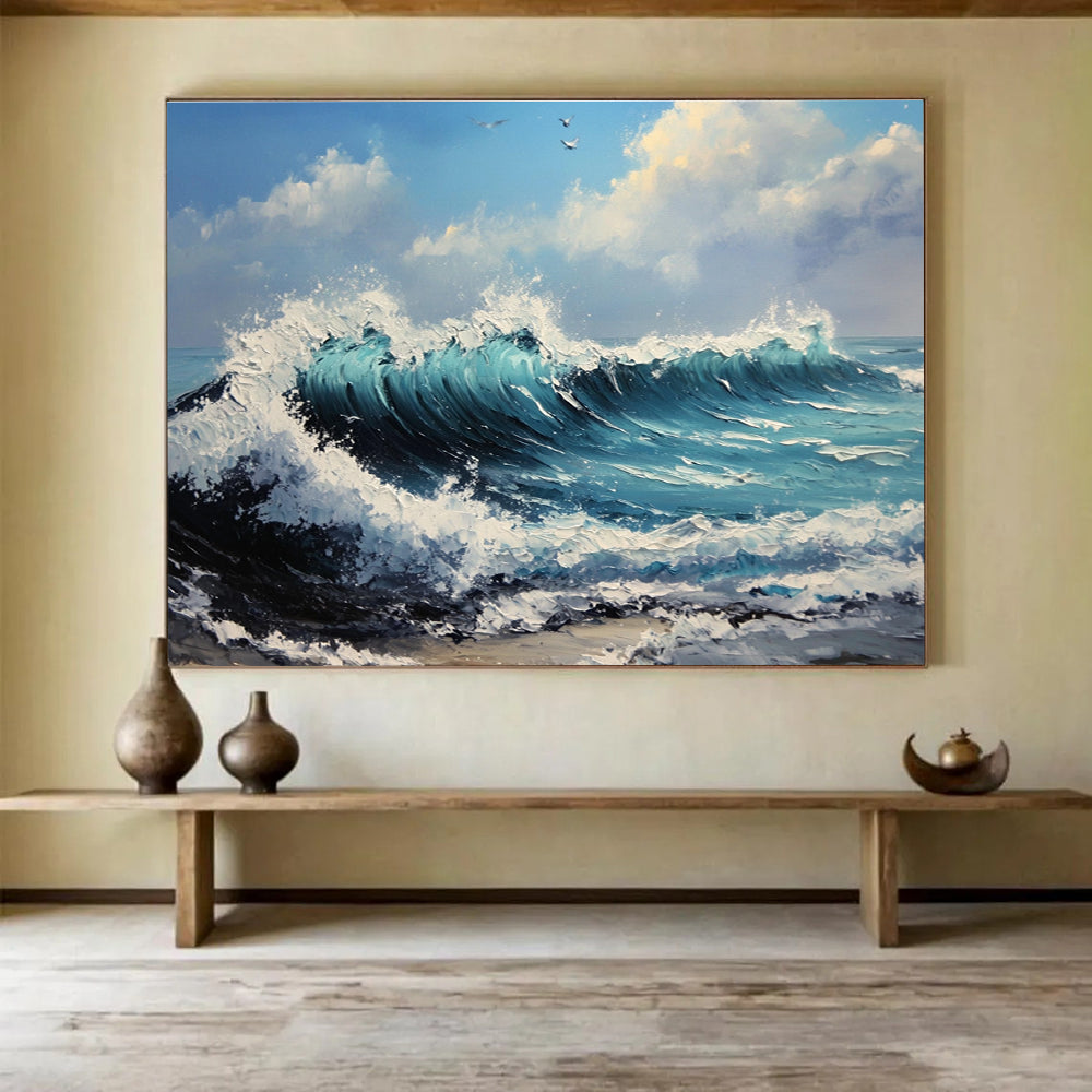 Crashing Waves and Birds Abstract Painting with Ocean Energy ABS599