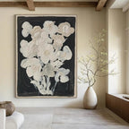 White Flowers on Black Abstract Painting for Elegant Dining Rooms HENG140