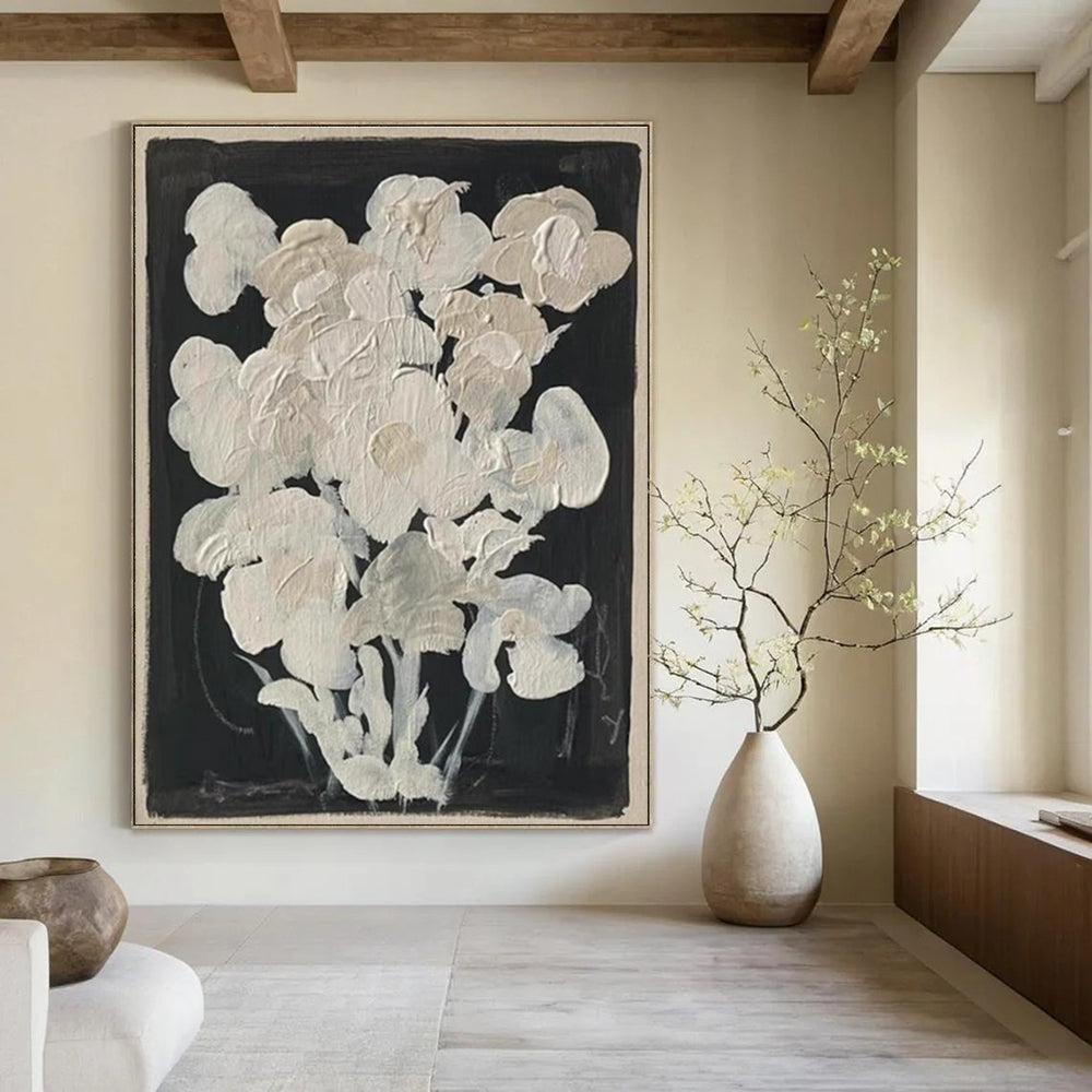 White Flowers on Black Abstract Painting for Elegant Dining Rooms HENG140