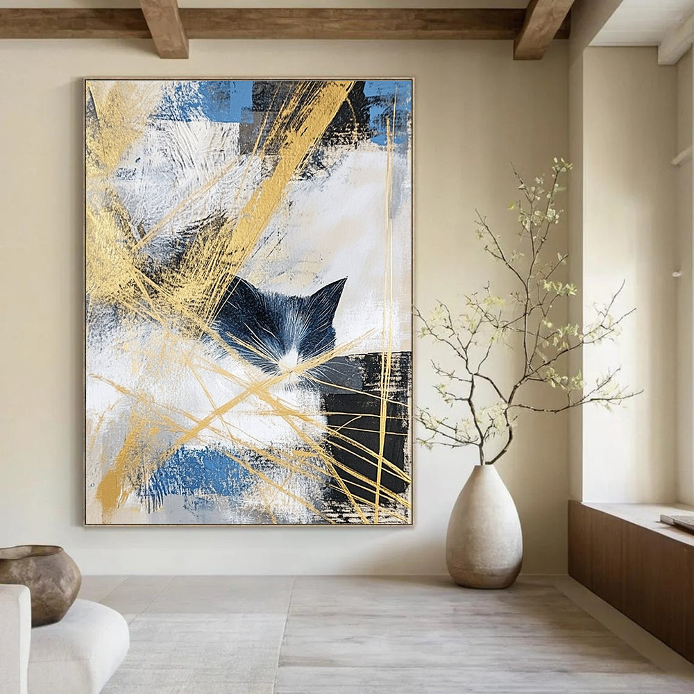 Abstract Cat Silhouette Painting with Golden Accents GAB0661