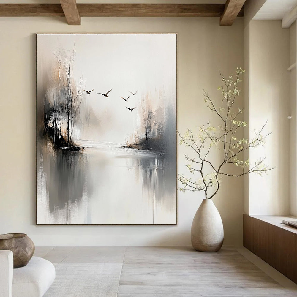 Misty Landscape with Birds Abstract Painting for Serene Meditation Spaces GAB0814