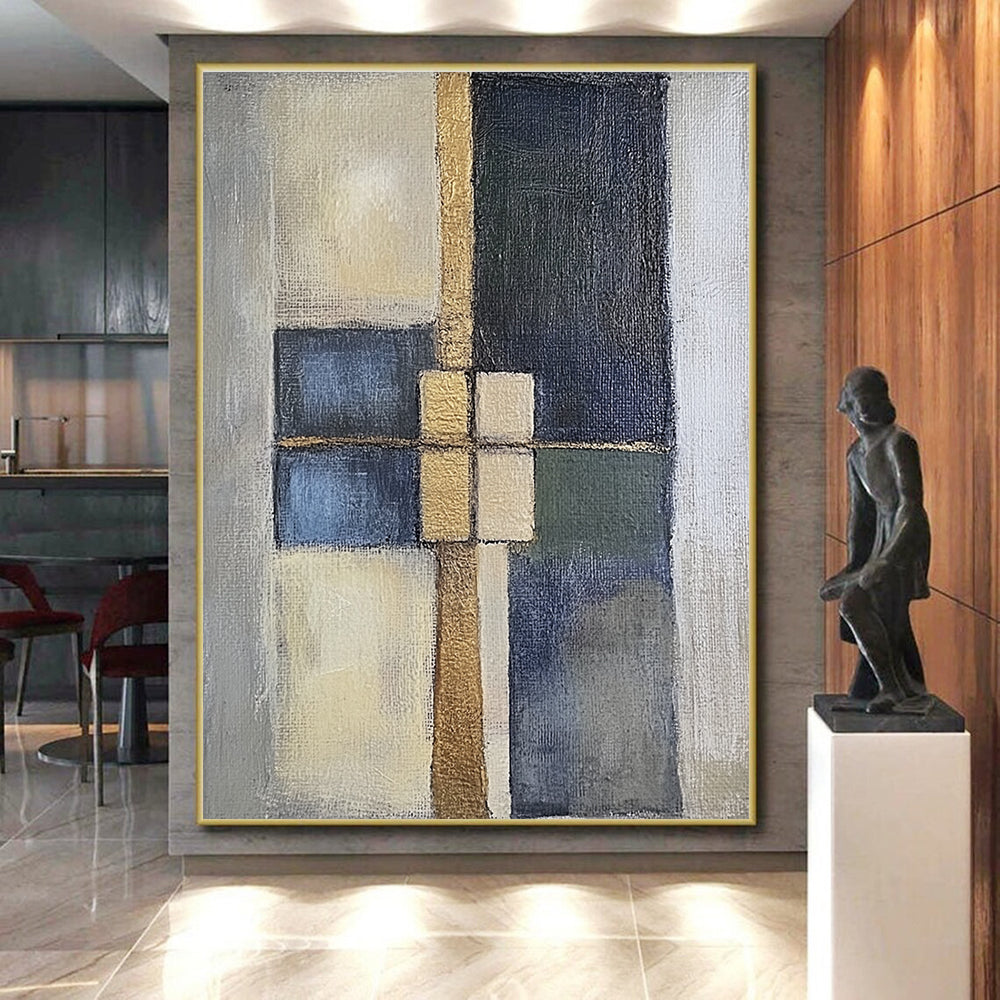 Geometric Color Block Abstract Painting with Metallic Accents WINK814