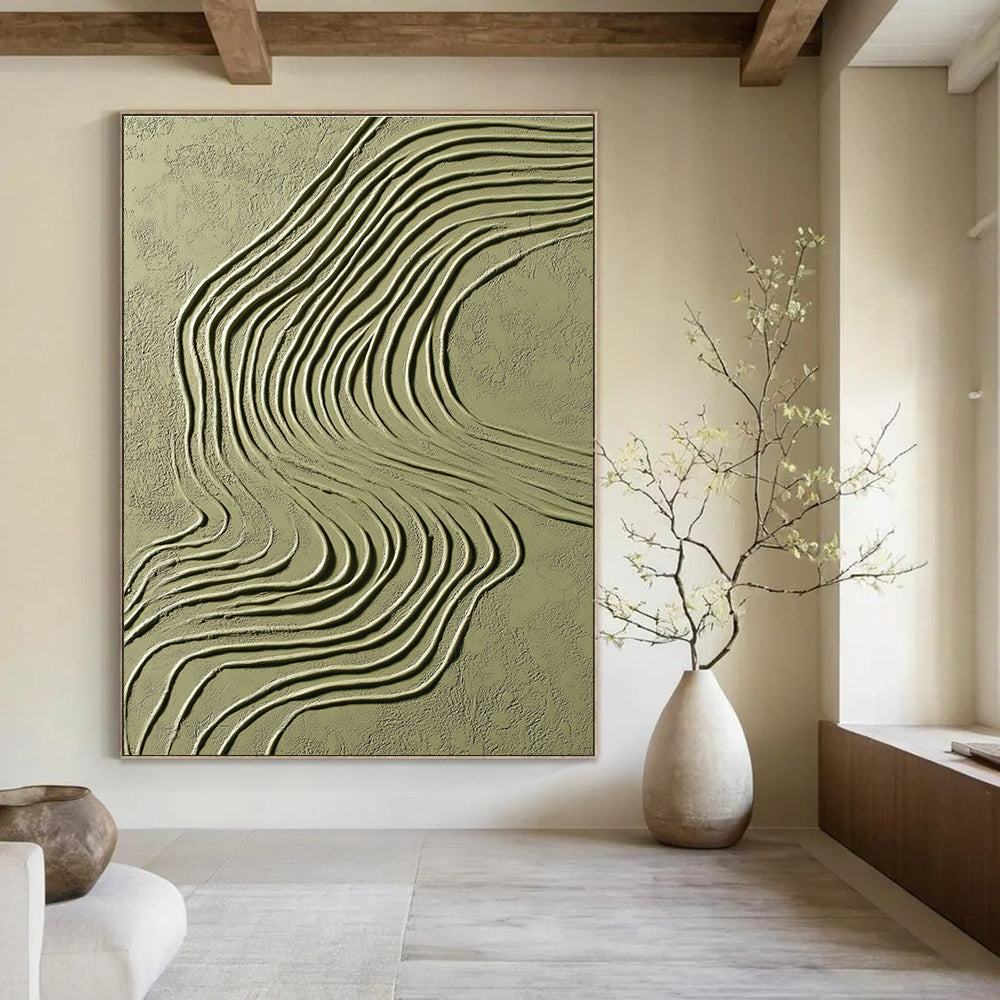 Green Curved Lines on Light Green Abstract Painting with Flowing Textures GAB0064