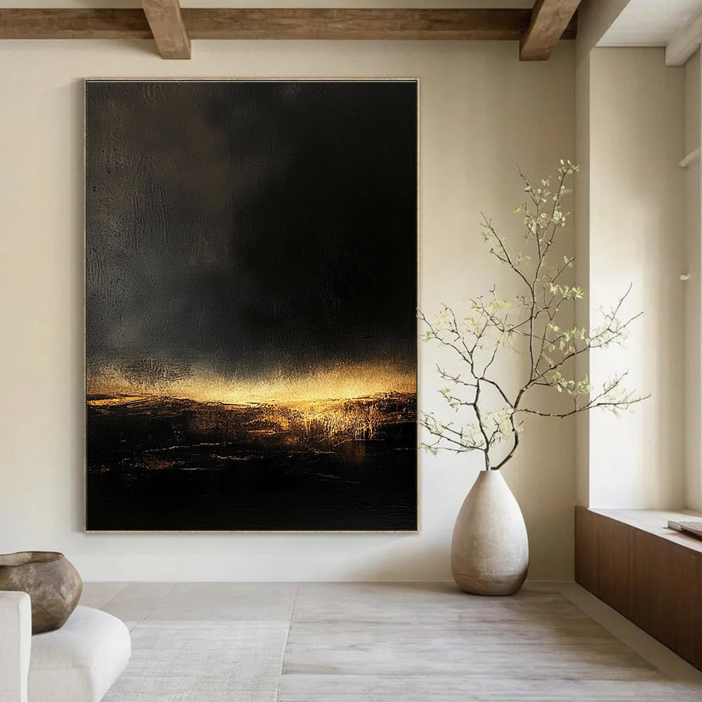 Dark Landscape with Golden Light Abstract Painting of Mysterious Dusk GAB0110