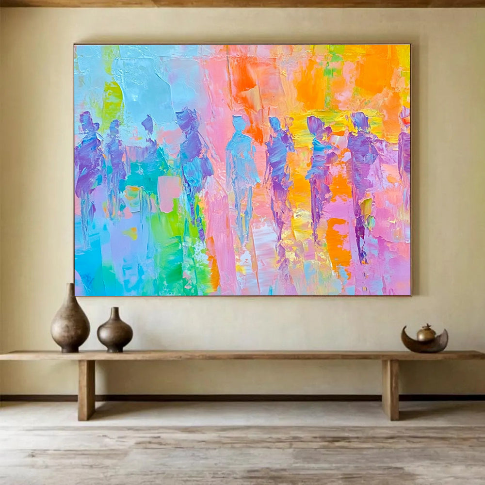 Colorful Figure Procession with Vibrant Palette Abstract Painting ABS318