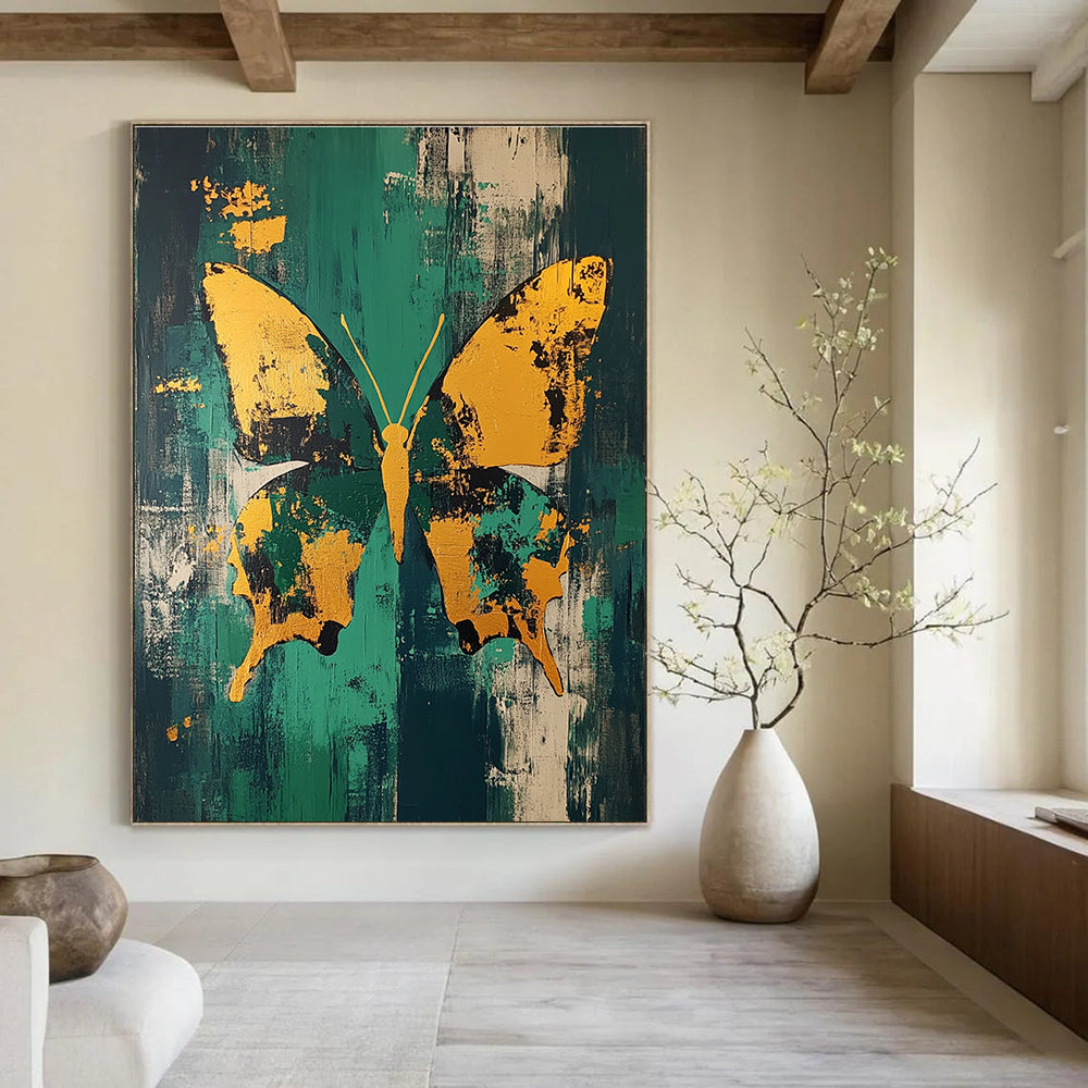 Golden Butterfly on Green Abstract Painting for Lively Interiors GAB0693