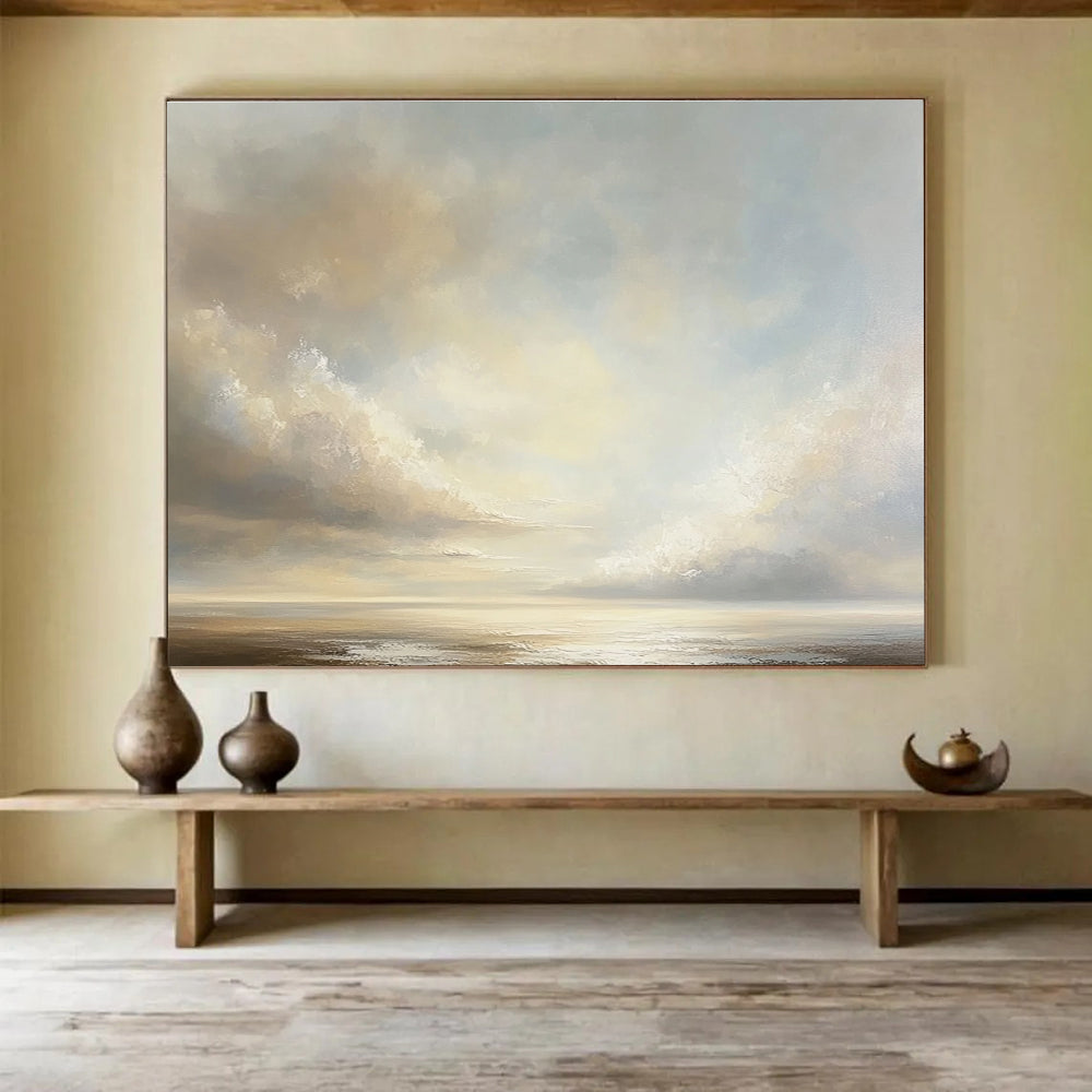 Light - Hued Sky and Sea: Tranquil Coastal Atmosphere Captured Abstract Painting ABS151