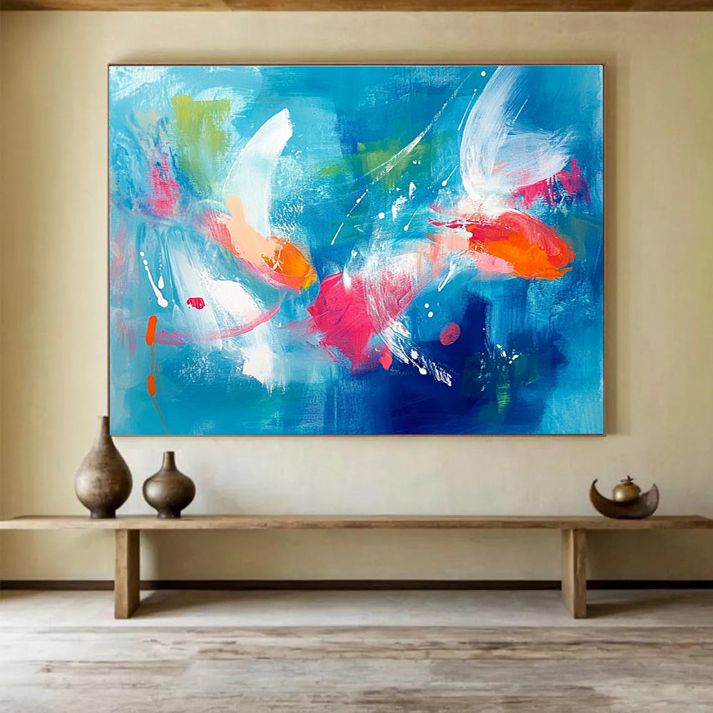 Koi Fish in Blue Abstract Painting with Energetic, Aquatic Beauty ABS466