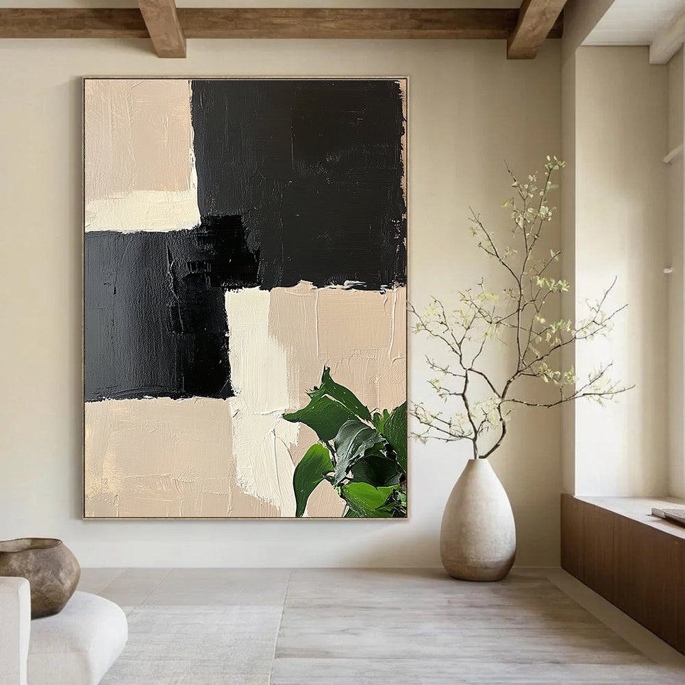 Beige and Black Geometric Abstract Painting with Textured Squares GAB0060
