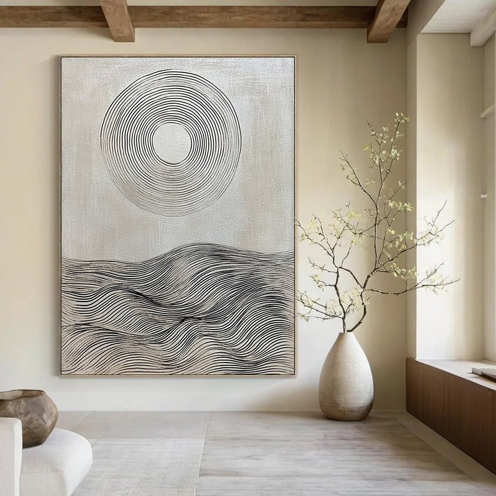 Black and White Wave Circle Painting of Minimalist Serenity GAB0164