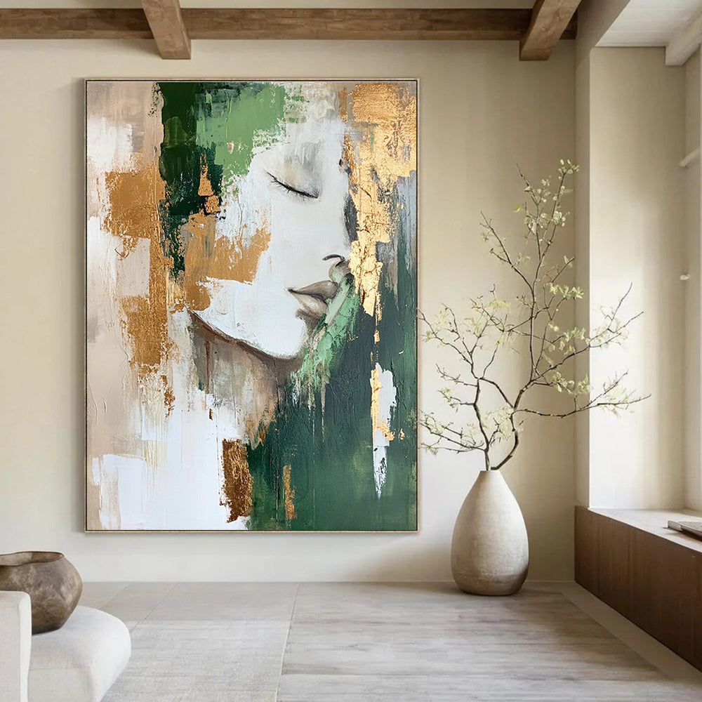 Abstract Portrait Painting with Green and Gold Elements GAB0665