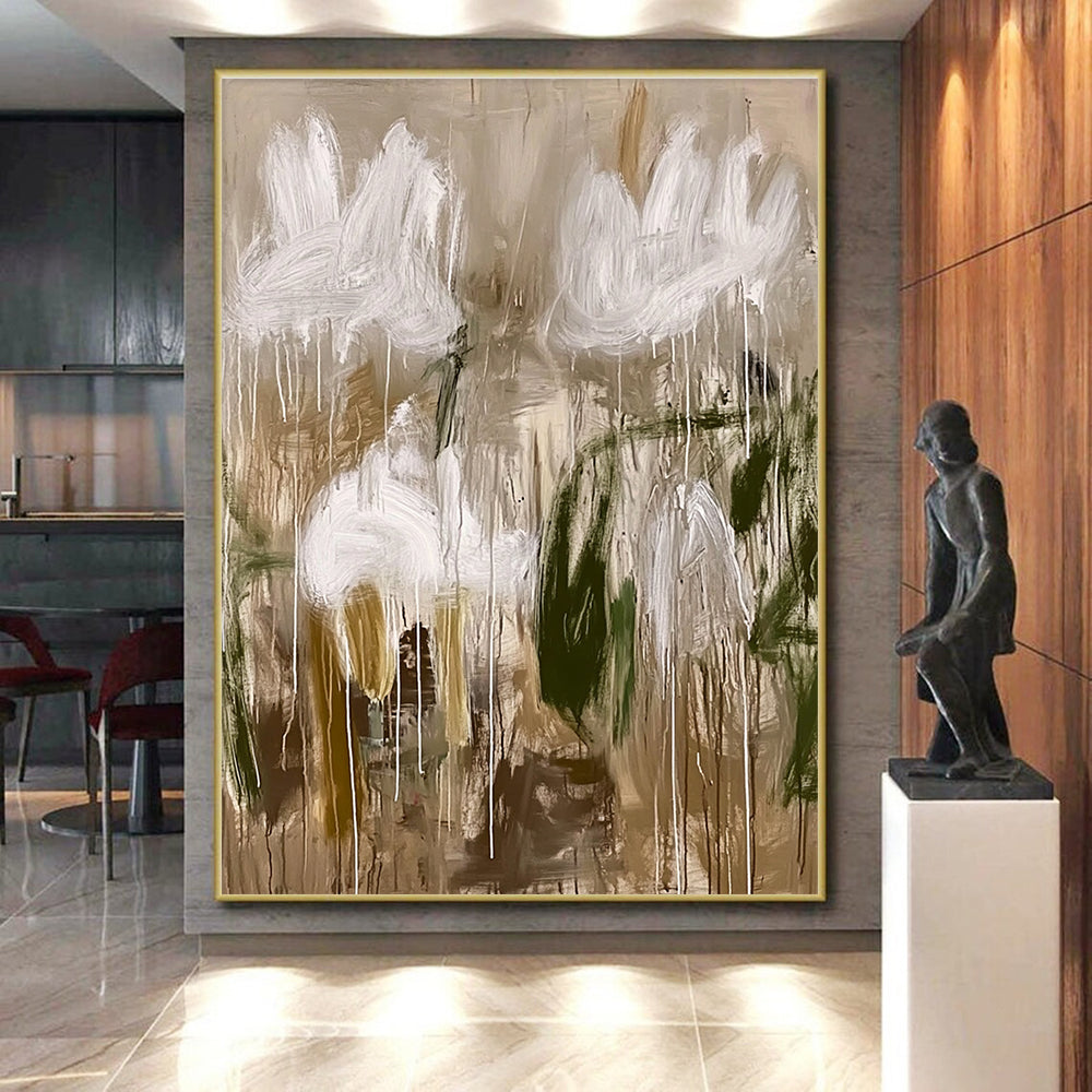 Abstract White Flowers Painting with Dripping Elegance WINK623