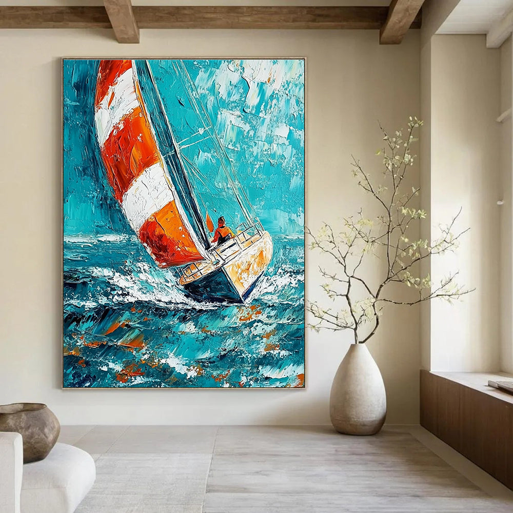 Sailing Boat in Blue Sea Dynamic Abstract Painting for Nautical Enthusiasts GAB1461