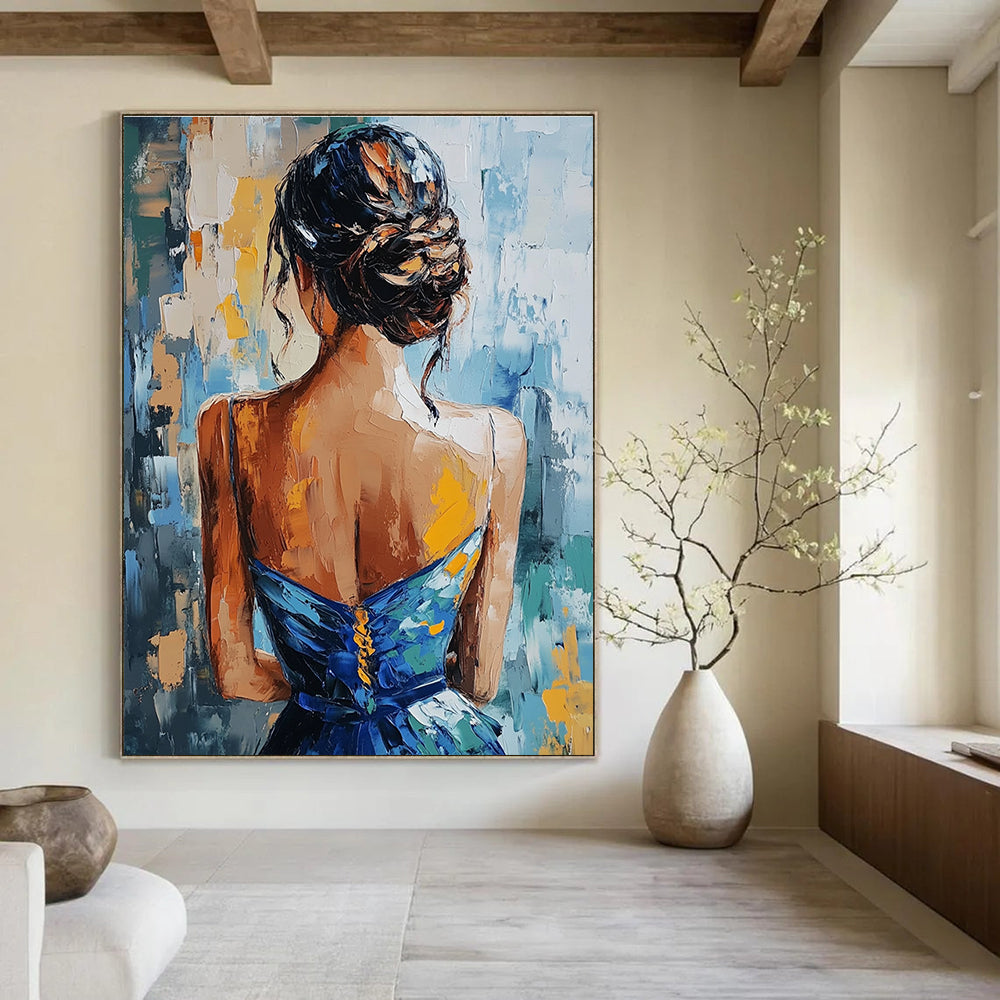 Woman in Blue Dress Abstract Painting for Elegant Dining Rooms GAB1282