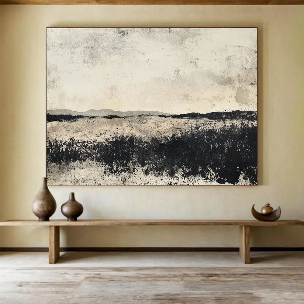 Grayscale Landscape: Textured Fields and Distant Hills Abstract Painting ABS176