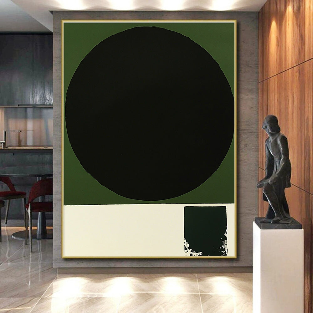 Black Circle on Green Abstract Painting with Bold Contrast WINK218