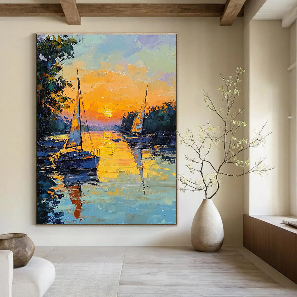 Sunset Sailboats on River Impressionistic Abstract Painting for Relaxing Spaces GAB1463