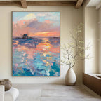 Sunset Over the Sea with Structure Abstract Painting for Nautical - Themed Restaurants HENG531